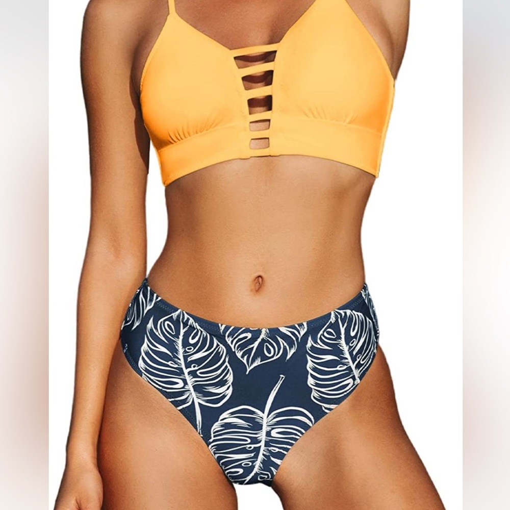 CUPSHE Women's High Waisted Two Piece Floral Strappy Self Back Tie Bikini Set M